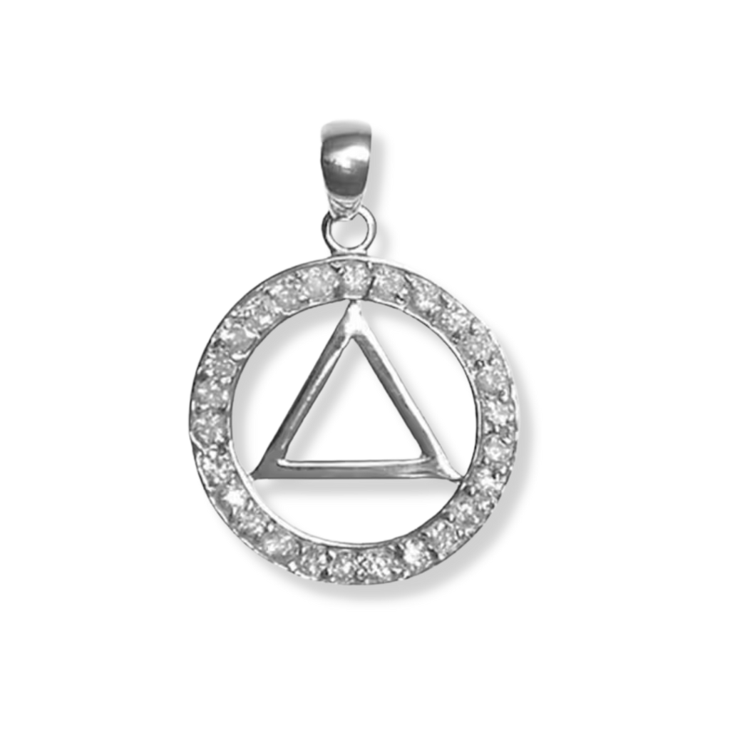 Alcoholics Anonymous Sterling Silver Pendant, AA Symbol in a Circle of 26 Cz'S, Medium Size